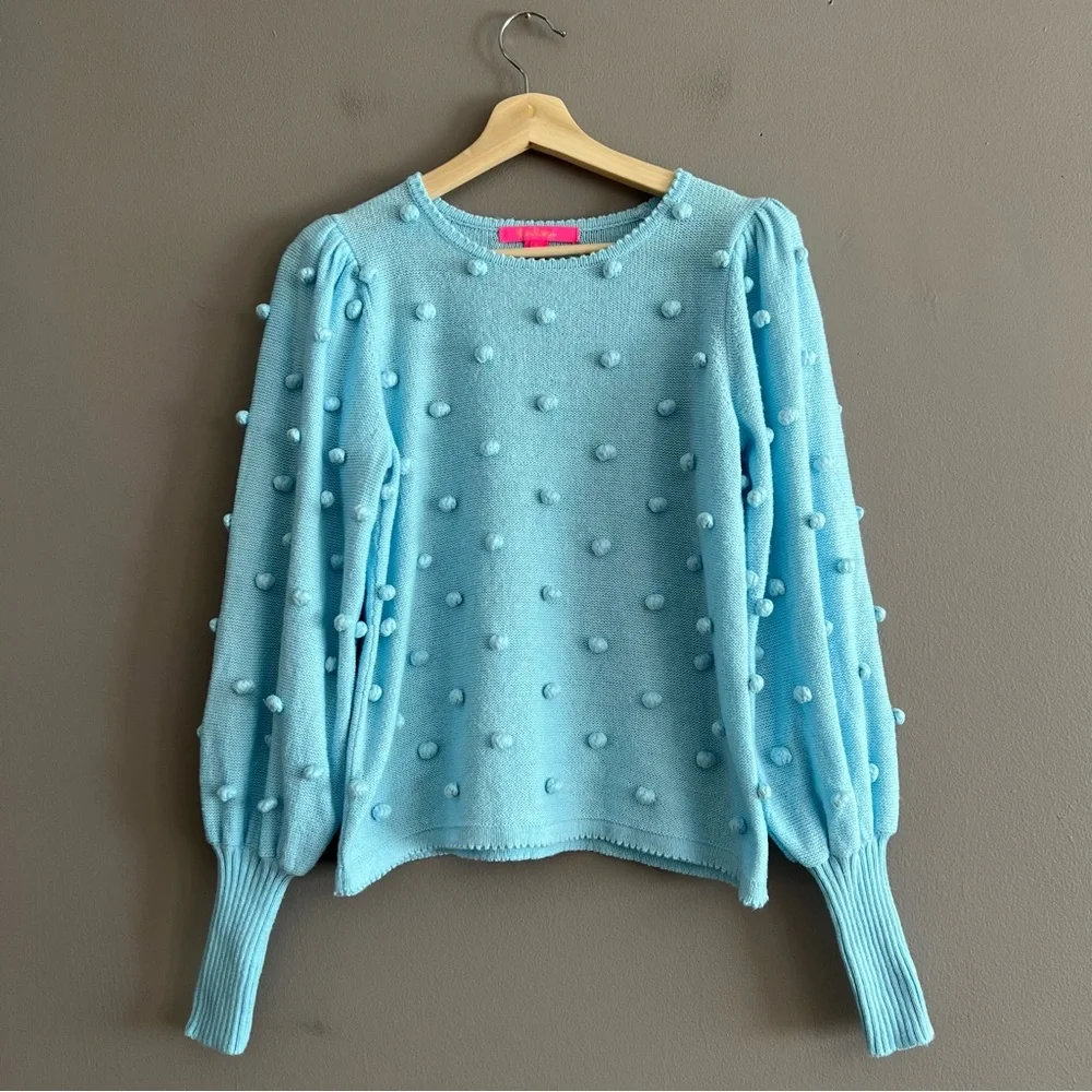 LILLY PULITZER Kippa Pom Pom Sweater Light Blue Sz S Ballon Sleeves Cotton Blend - Picture 3 of 15